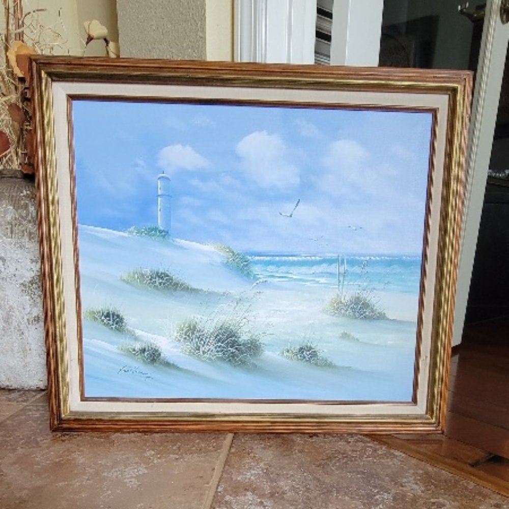 Lighthouse In by the Sea "Signed Anthony" Oil Painting